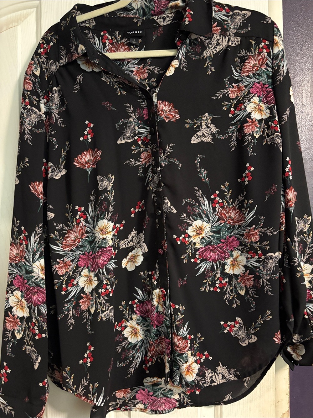 torrid Black Floral Button-Up Blouse with Cream, Pink and Green Accents